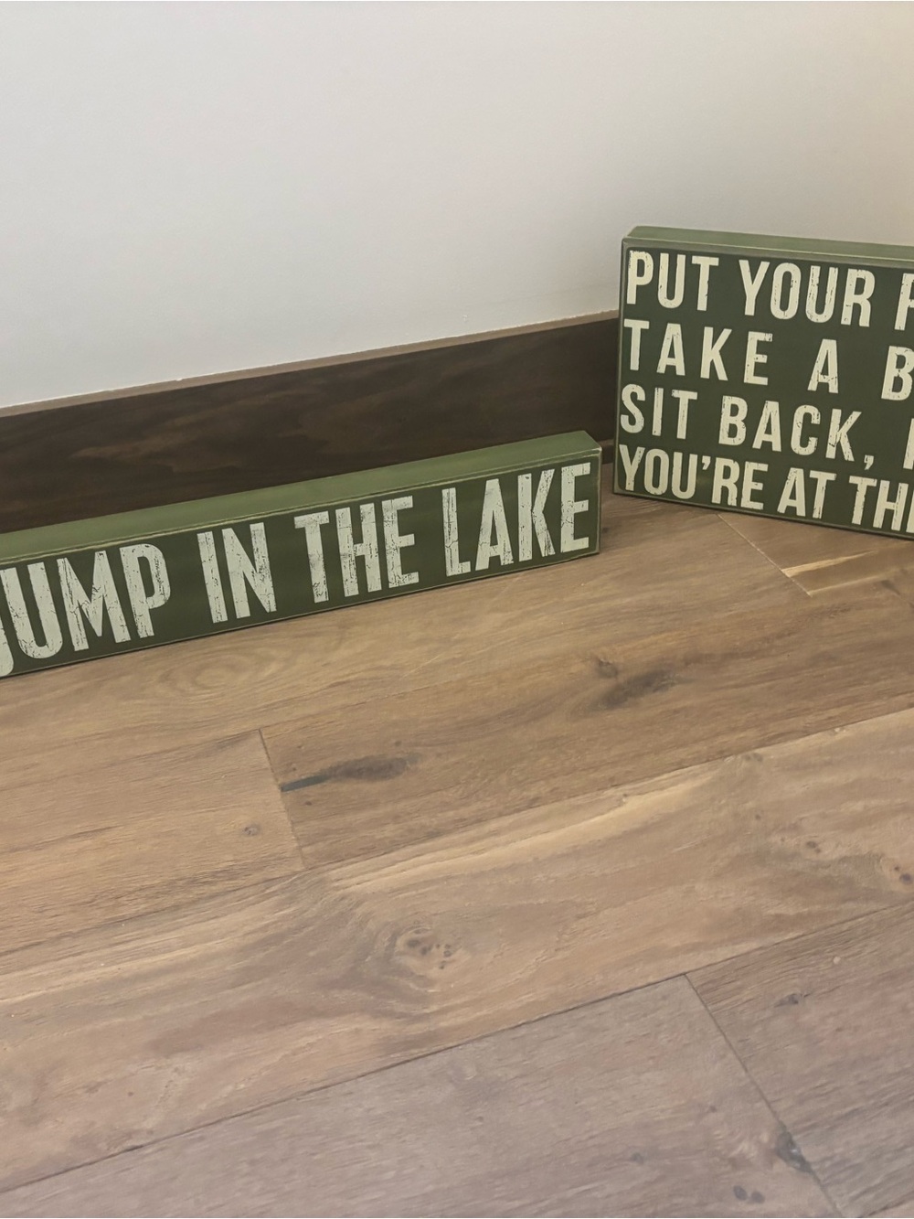 Olive Green 'Go Jump in the Lake' and “Relax You’re at the Lake”Rustic Wood Sign